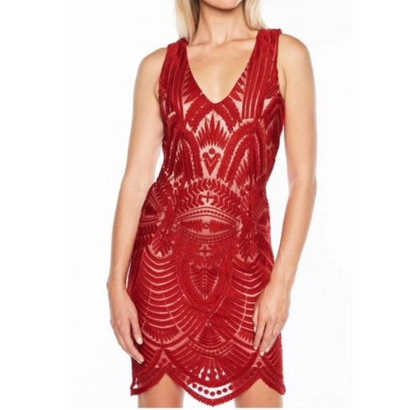 💋BARDOT 6/S Cocktail Dress Embroidered Mesh Overaly Lace Illusion Fitted Red - Picture 1 of 15